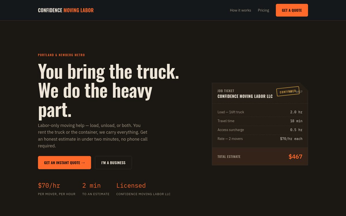 Confidence Moving Labor homepage with an instant job estimate